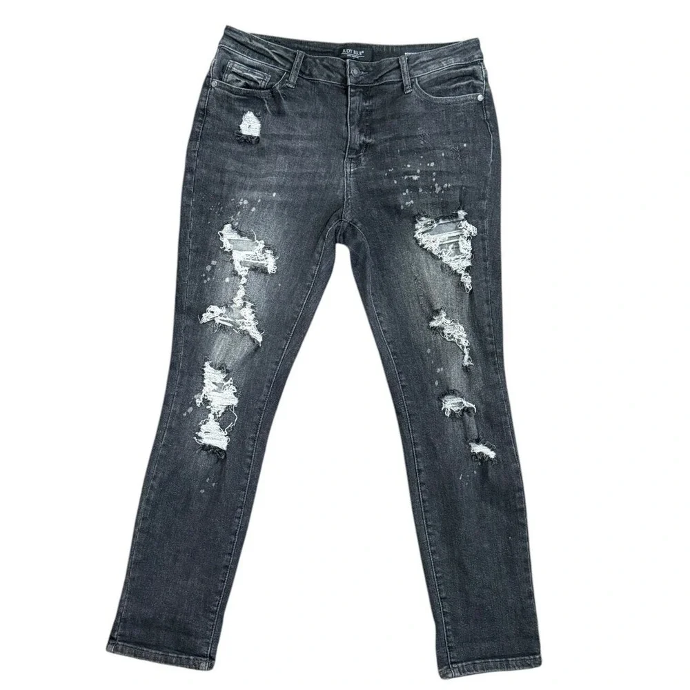 Judy Blue Boyfriend Fit Jeans Women 11/30 Faded Black‎ Denim Distressed Stretch